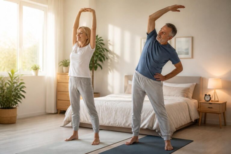 découvrez une routine douce au réveil avec 6 exercices adaptés pour bien démarrer la journée après 50 ans, favorisant énergie et bien-être.